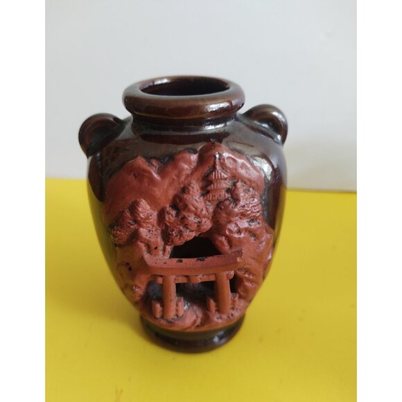Vintage Banko Japan Red Ware Clay Bud Vase 3D Diorama Pagoda  Pottery 4" Tall - Picture 2 of 9